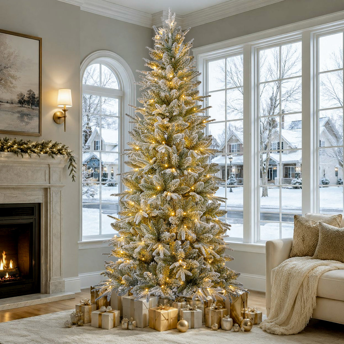 Goosiay 9 ft Pre-Lit Frosted Slim Aspen Fir Artificial Christmas Tree, PE & PVC Branches, 420 Warm White & Multicolor Lights, 10 Light Modes, 1889 Branch Tips