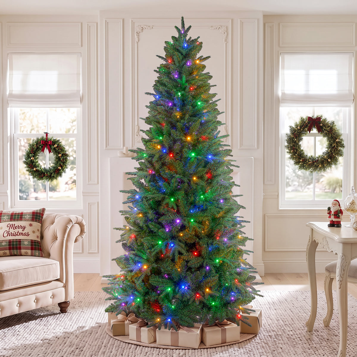 7ft Pre-Lit Artificial Christmas Tree, Aspen Fir with 1600 PE & PVC Mixed Branch Tips, Realistic Evergreen Tree with 300 Warm White & Multicolor LED Lights, 10 Lighting Modes