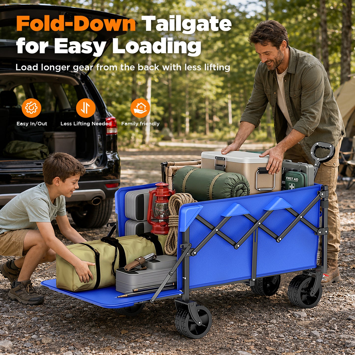 Terrfour 430 lb Heavy Duty Collapsible Folding Wagon Cart with Extended Tailgate and All-Terrain Wheels for Grocery, Shopping, Sports, Blue