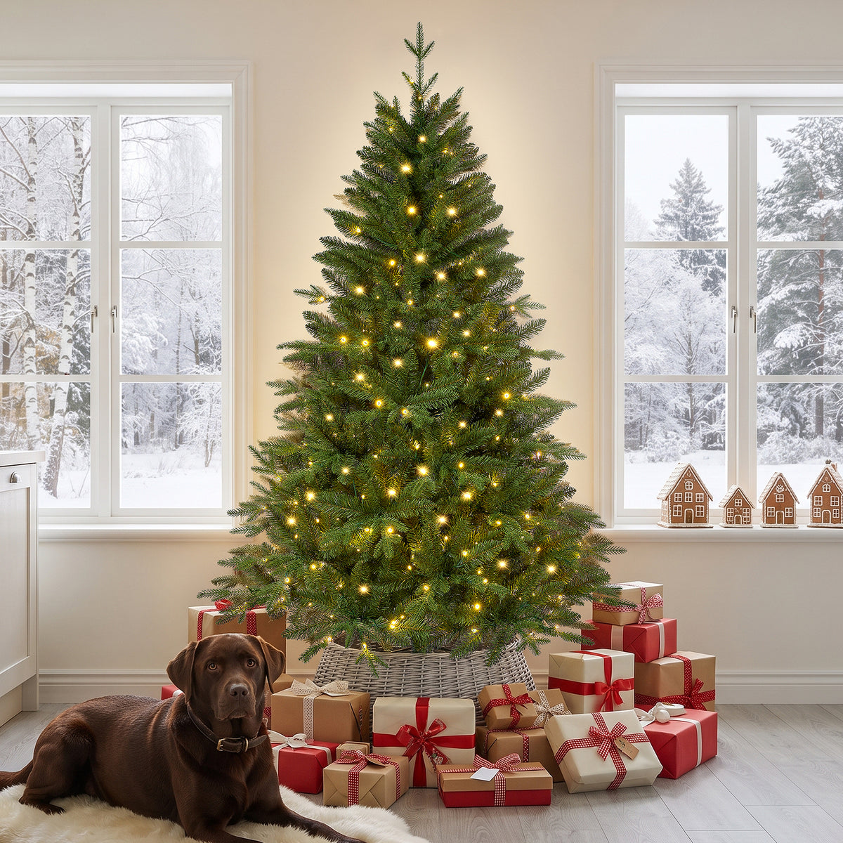 Goosiay 6ft Prelit Hinged Christmas Tree with 300 Multicolor & Warm White LED Lights, 980 Branch Tips, Metal Stand