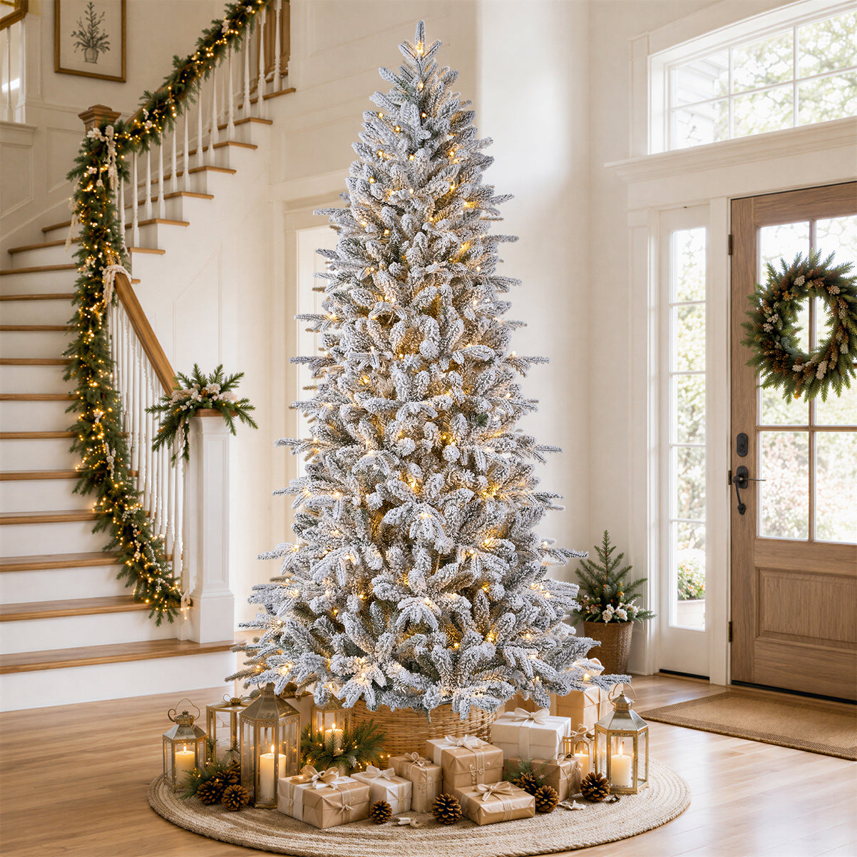 7FT Pre-Lit Flocked Christmas Tree, 300 Warm White LED Lights, 1060 PE & PVC Tips Snowy Artificial Christmas Tree