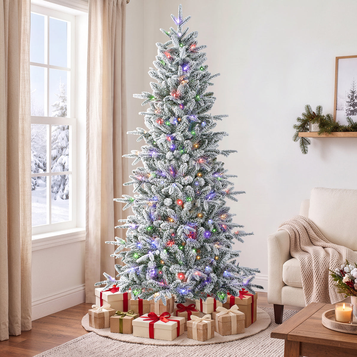 6 ft Pre-Lit Snow Flocked Slim Aspen Fir Artificial Christmas Tree, 900 PE & PVC Tips, 250 Warm White & Multicolor LED Lights