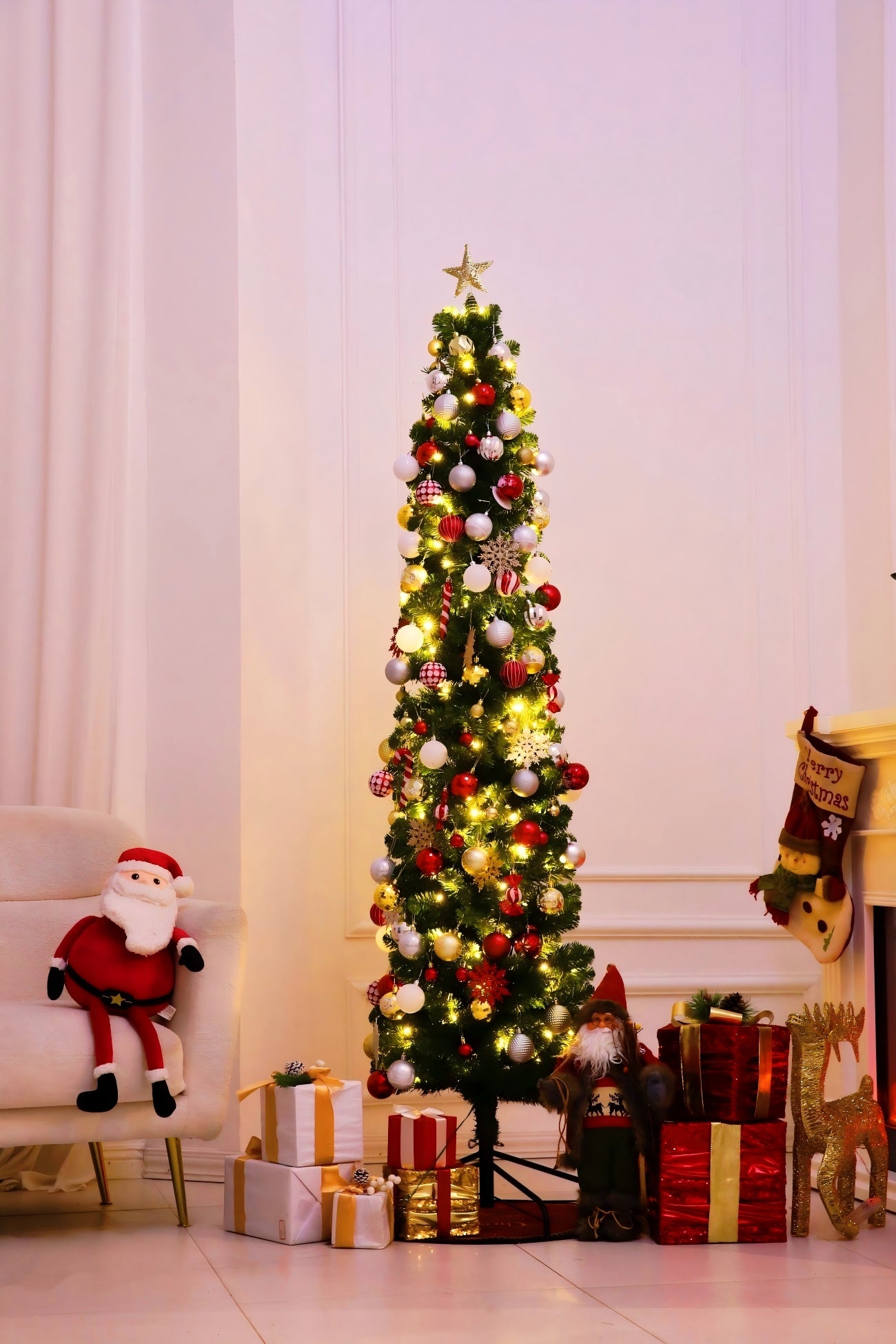 Goosiay Pre-Lit Pencil Artificial Christmas Tree, 7.5ft Xmas Tree with Metal Stand for Christmas Decoration, Green