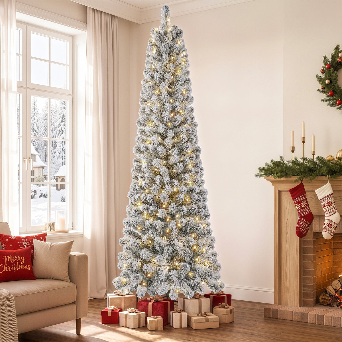 Goosiay 7ft Snow Flocked Pencil Christmas Tree, Pre-Lit Artificial Christmas Tree with 640 Tips,300 Warm White & Multicolor Lights, 10 Modes, Slim Xmas Tree with Stand