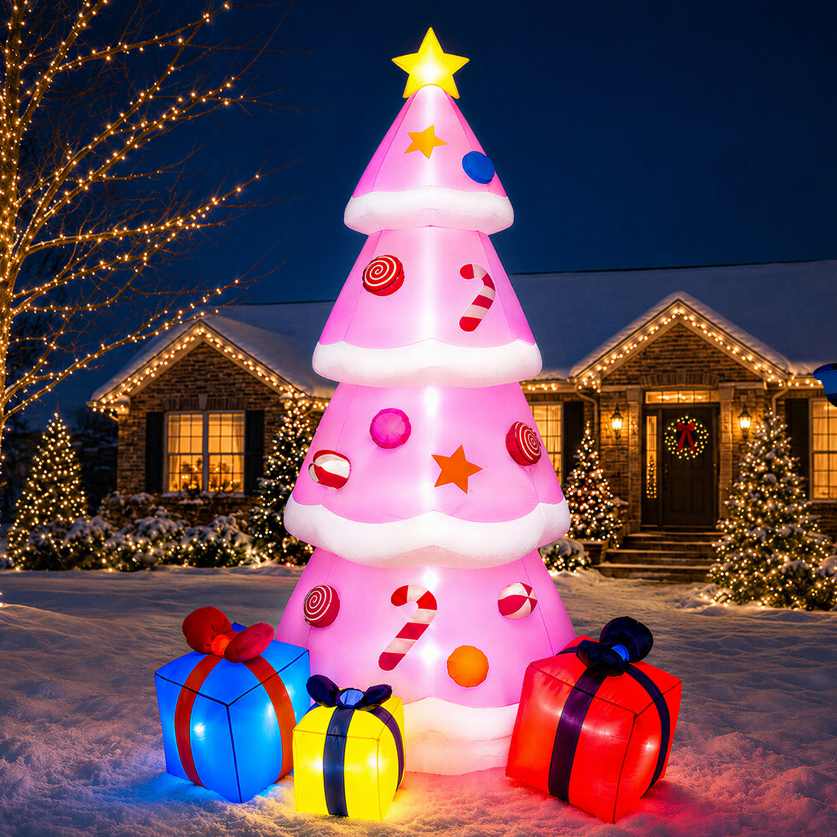 Goosiay 9ft Tall Pink Christmas Inflatables Tree with LED Lights and Gift Boxes, Outdoor Yard Decor