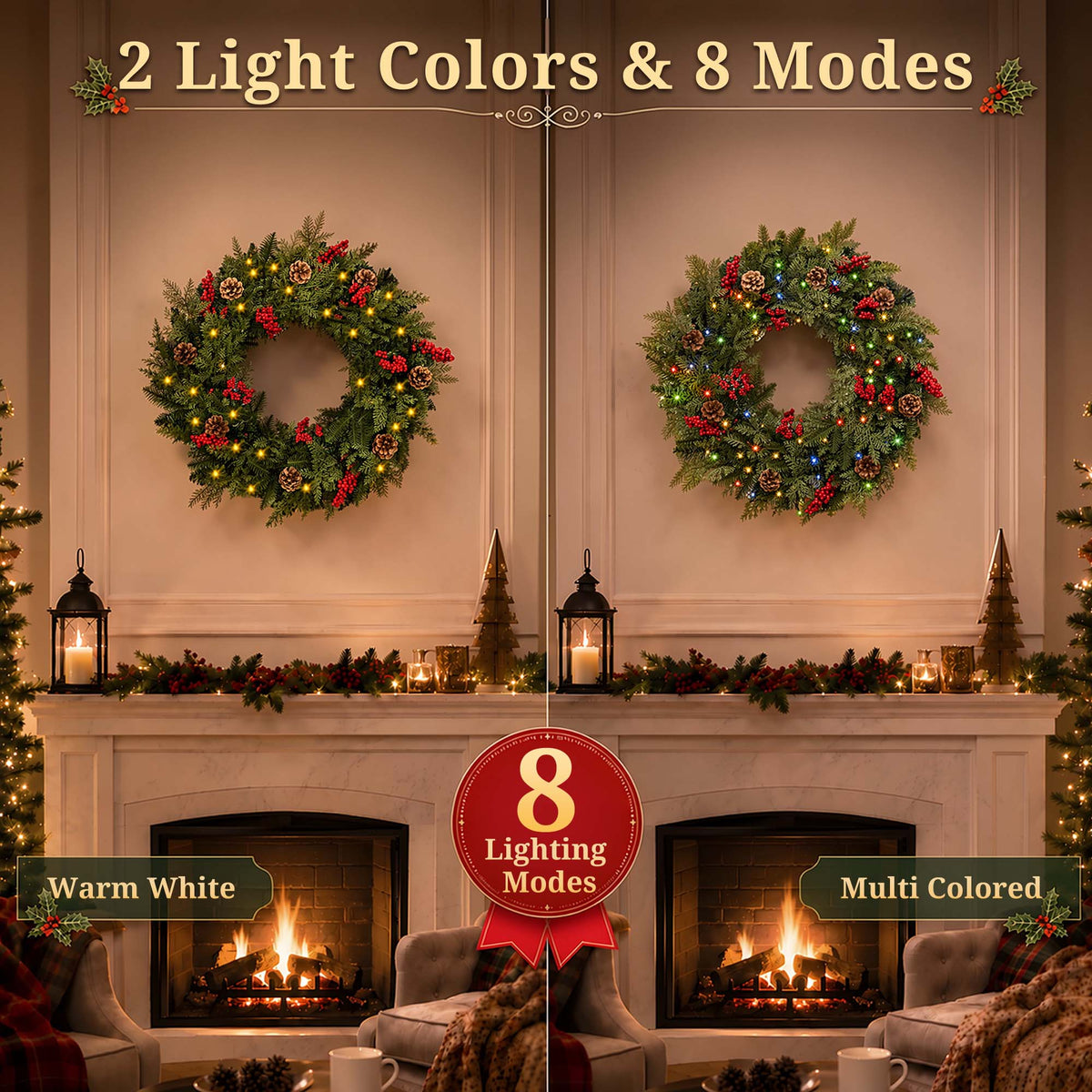 24 in Pre-Lit Christmas Wreaths for Front Door Window, PE+PVC Lighted Outdoor Wreaths with Timer, Battery Operated, Remote