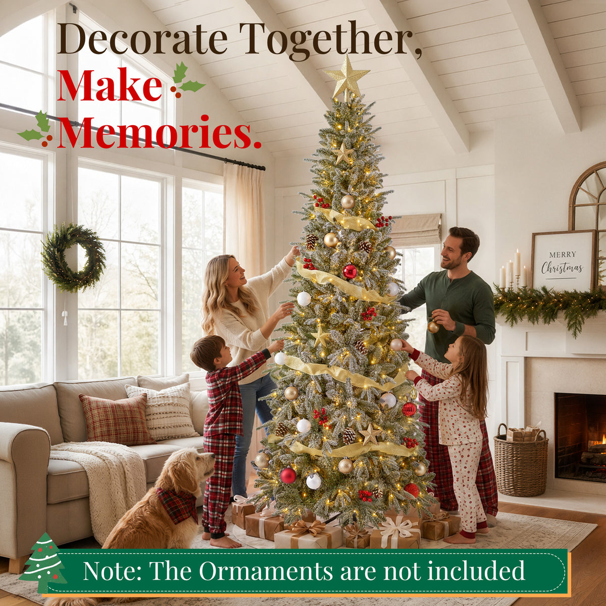 Goosiay 9 ft Pre-Lit Frosted Slim Aspen Fir Artificial Christmas Tree, PE & PVC Branches, 420 Warm White & Multicolor Lights, 10 Light Modes, 1889 Branch Tips