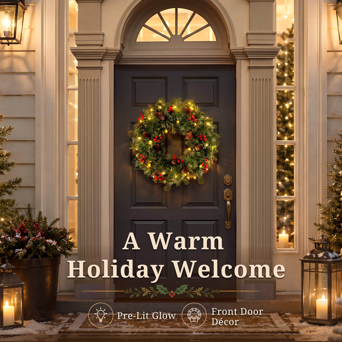 24" Pre-Lit Christmas Wreaths for Front Door, Christmas Needles,Red Berries, Pine Cones, Outdoor Lighted Christmas Wreath for Window Fireplace Indoor Outdoor Decor, Green