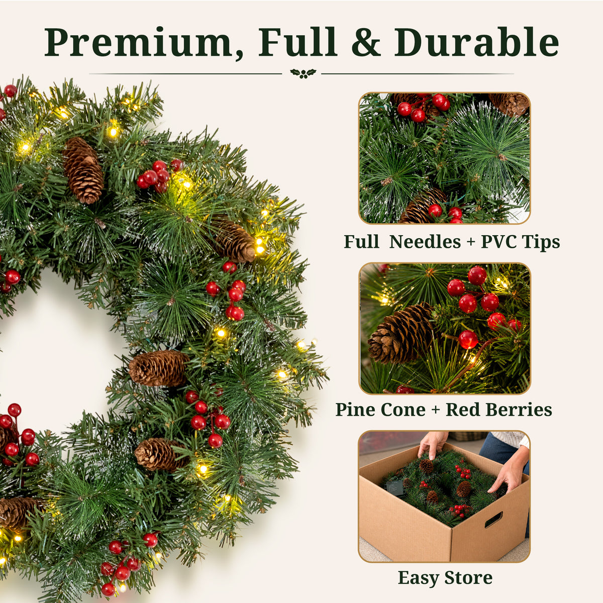 24" Pre-Lit Christmas Wreaths for Front Door, Christmas Needles,Red Berries, Pine Cones, Outdoor Lighted Christmas Wreath for Window Fireplace Indoor Outdoor Decor, Green