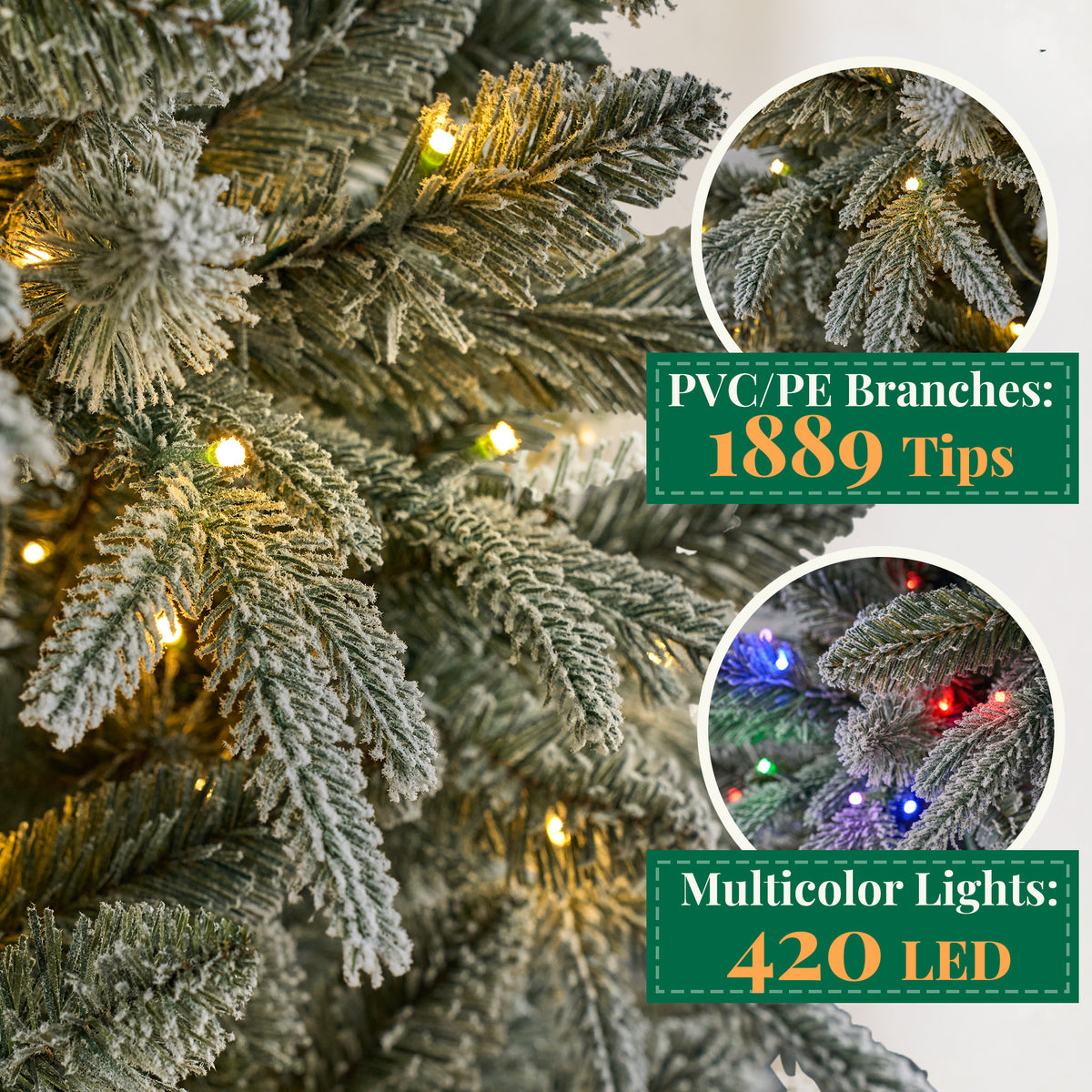 Goosiay 9 ft Pre-Lit Frosted Slim Aspen Fir Artificial Christmas Tree, PE & PVC Branches, 420 Warm White & Multicolor Lights, 10 Light Modes, 1889 Branch Tips