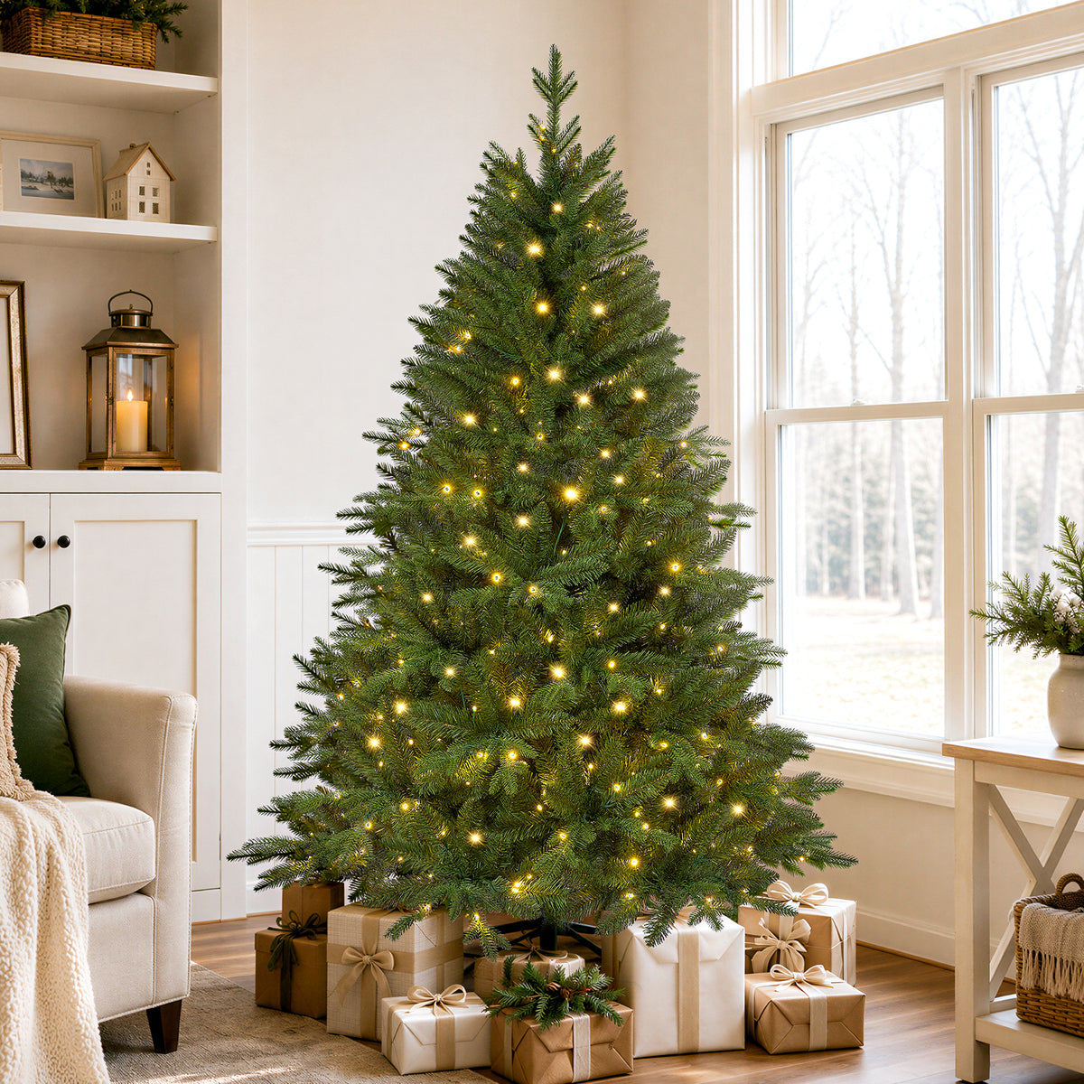 Goosiay 6ft Prelit Hinged Christmas Tree with 300 Multicolor & Warm White LED Lights, 980 Branch Tips, Metal Stand