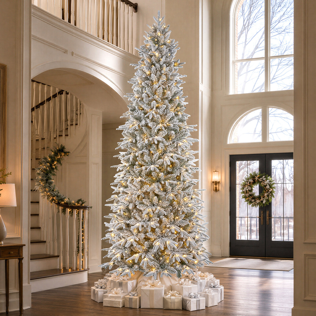 9FT Pre-Lit Flocked Christmas Tree, 500 Warm White LED Lights, 1906 PE & PVC Branch Tips Snowy Artificial Christmas Tree