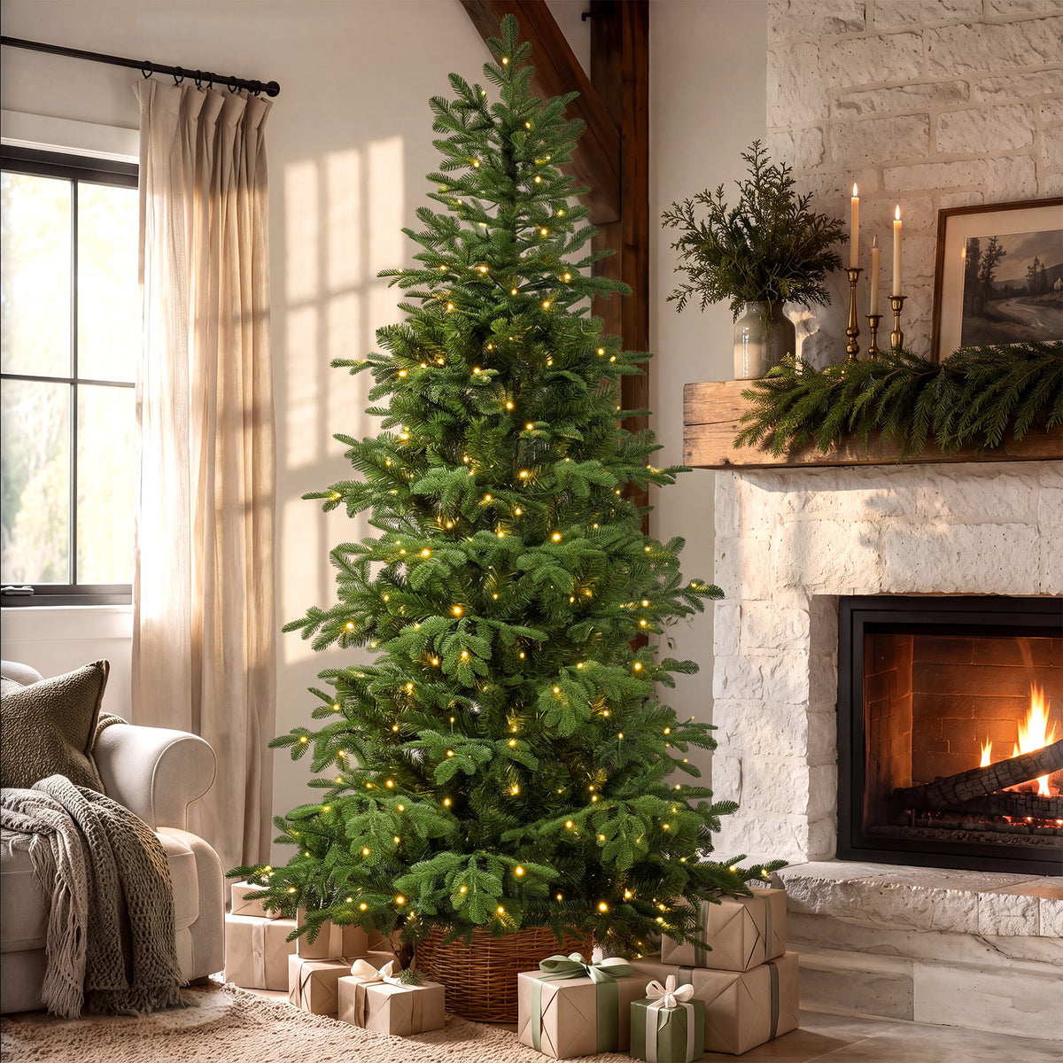 6FT Pre-Lit Artificial Christmas Tree with 250 LED Lights and 1495 PE%PVC Tips, 10-Function Multicolor Lights