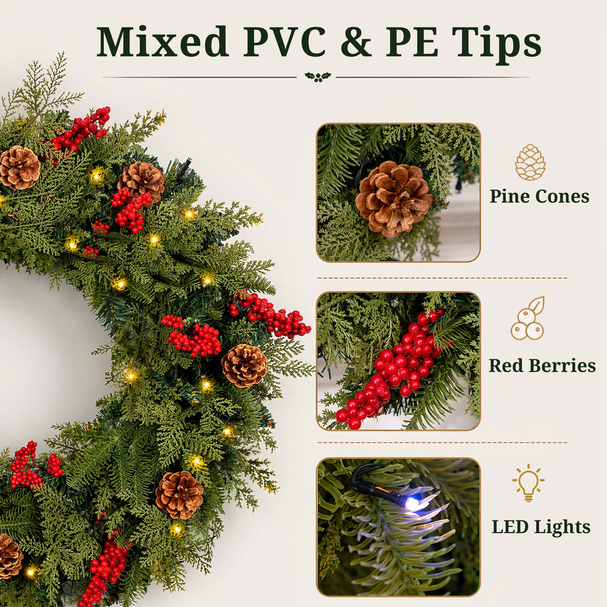 24 in Pre-Lit Christmas Wreaths for Front Door Window, PE+PVC Lighted Outdoor Wreaths with Timer, Battery Operated, Remote