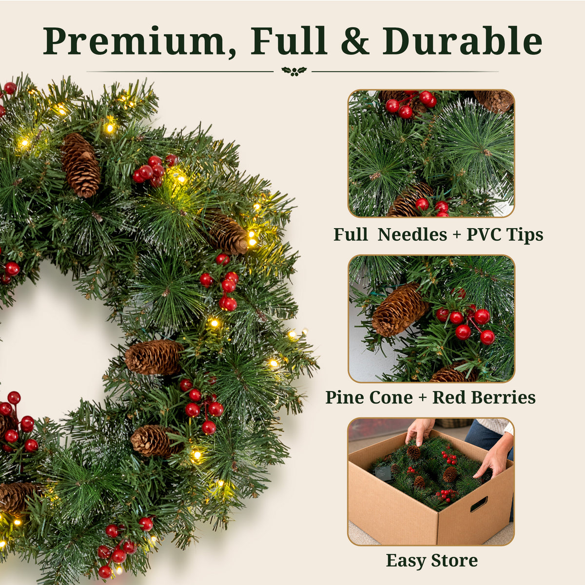 24" Pre-Lit Christmas Wreaths for Front Door, Christmas Needles,Red Berries, Pine Cones, Outdoor Lighted Christmas Wreath for Window Fireplace Indoor Outdoor Decor, Green
