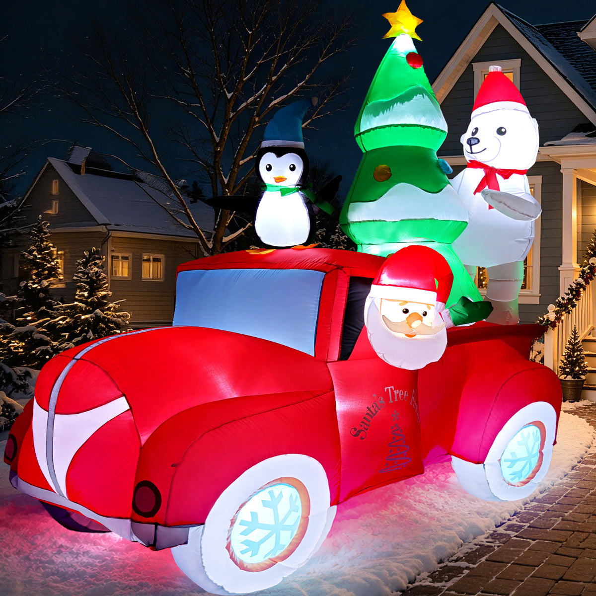 Goosiay 8 ft Outdoor Christmas Inflatable with Santa, Penguin, Polar Bear and Red Car, Built-in LED Lights for Yard, Lawn and Garden