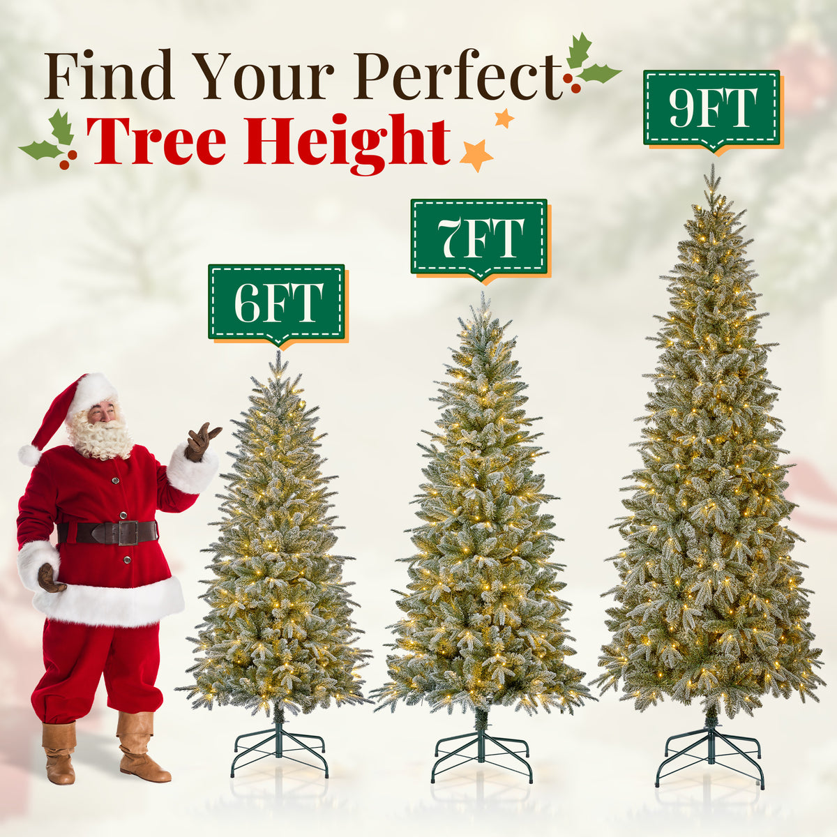 Goosiay 9 ft Pre-Lit Frosted Slim Aspen Fir Artificial Christmas Tree, PE & PVC Branches, 420 Warm White & Multicolor Lights, 10 Light Modes, 1889 Branch Tips