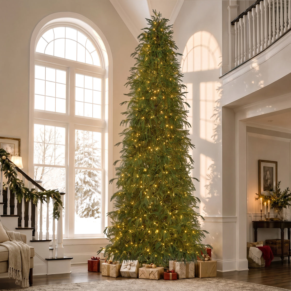 Goosiay 12 ft Pre-Lit Norfolk Pine Christmas Tree, PE Slim Artificial Tree with 800 Warm White & Multicolor 10-Function Lights, 15504 Branch Tips, Green
