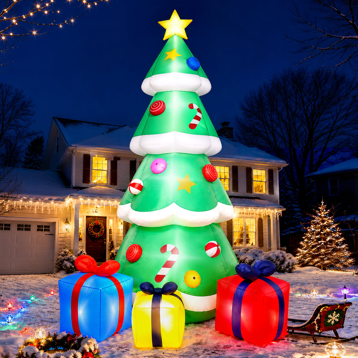 Goosiay 10FT Christmas Inflatables Tree with Built-In LED Lights and Gift Boxes, Giant Xmas Blow Up Tree Yard Decoration for Outdoor Yard Garden Lawn Decor,Green