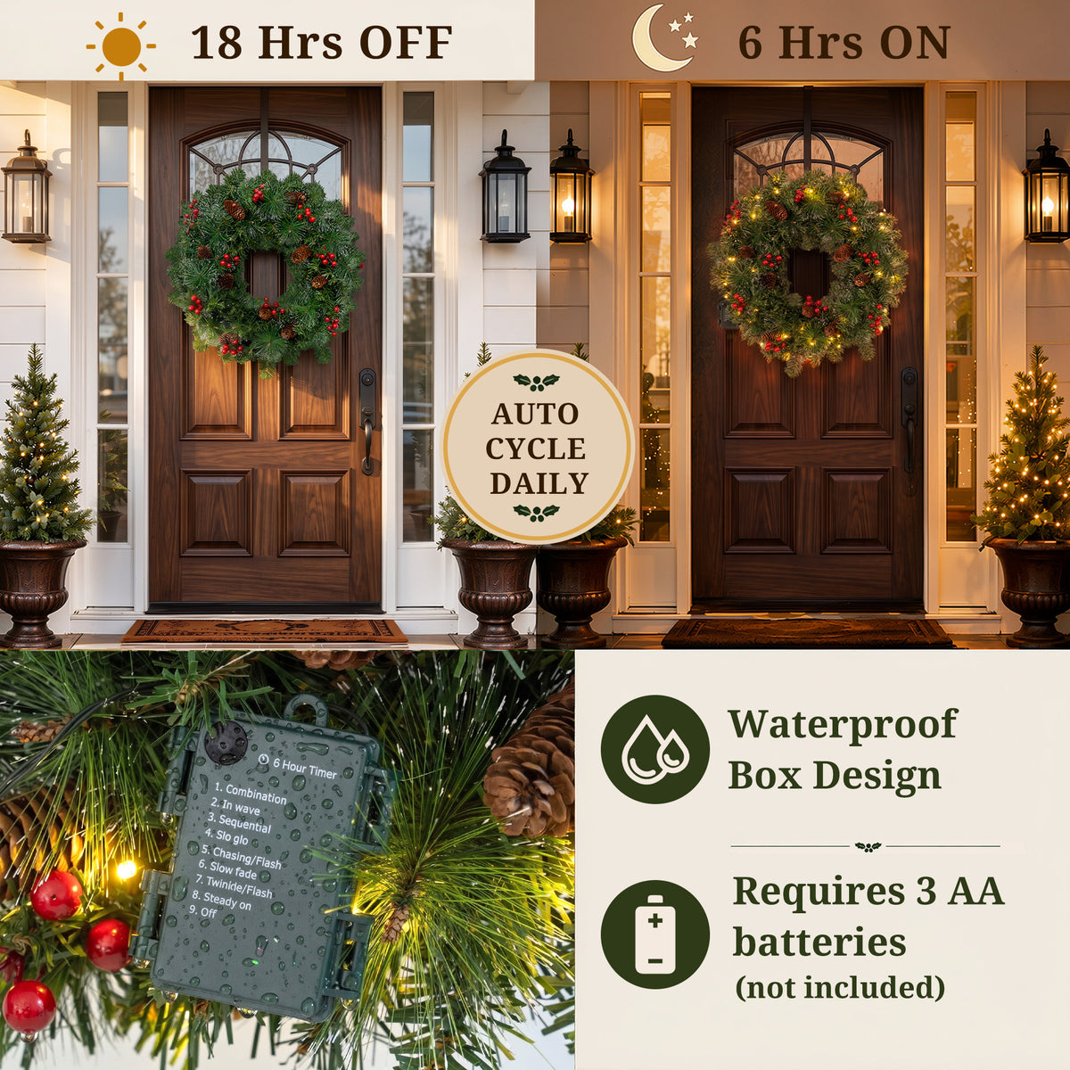 24" Pre-Lit Christmas Wreaths for Front Door, Christmas Needles,Red Berries, Pine Cones, Outdoor Lighted Christmas Wreath for Window Fireplace Indoor Outdoor Decor, Green
