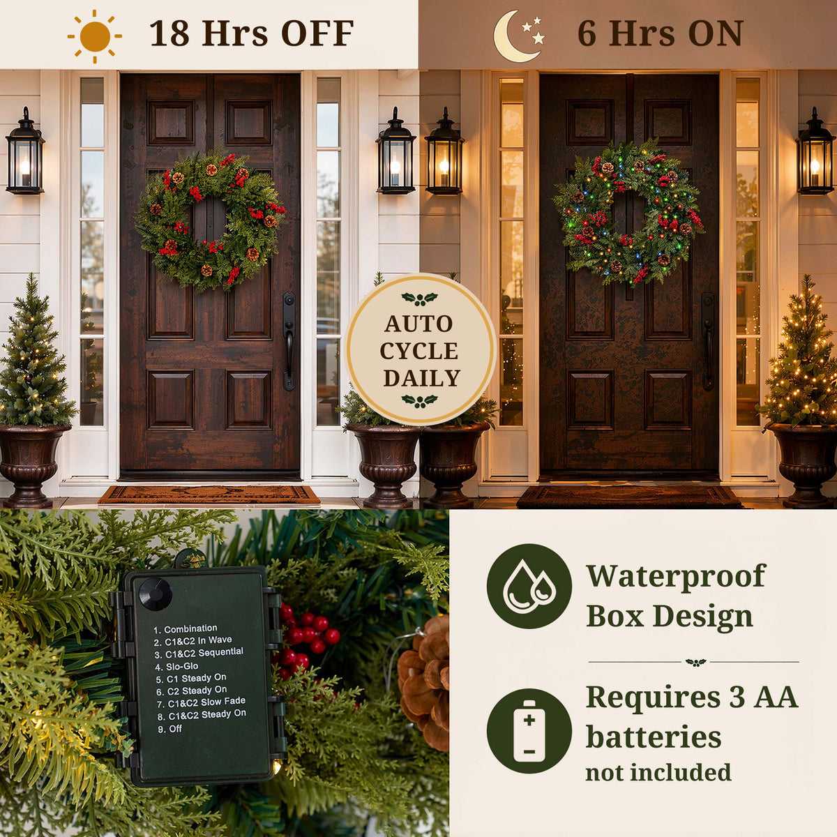 24 in Pre-Lit Christmas Wreaths for Front Door Window, PE+PVC Lighted Outdoor Wreaths with Timer, Battery Operated, Remote