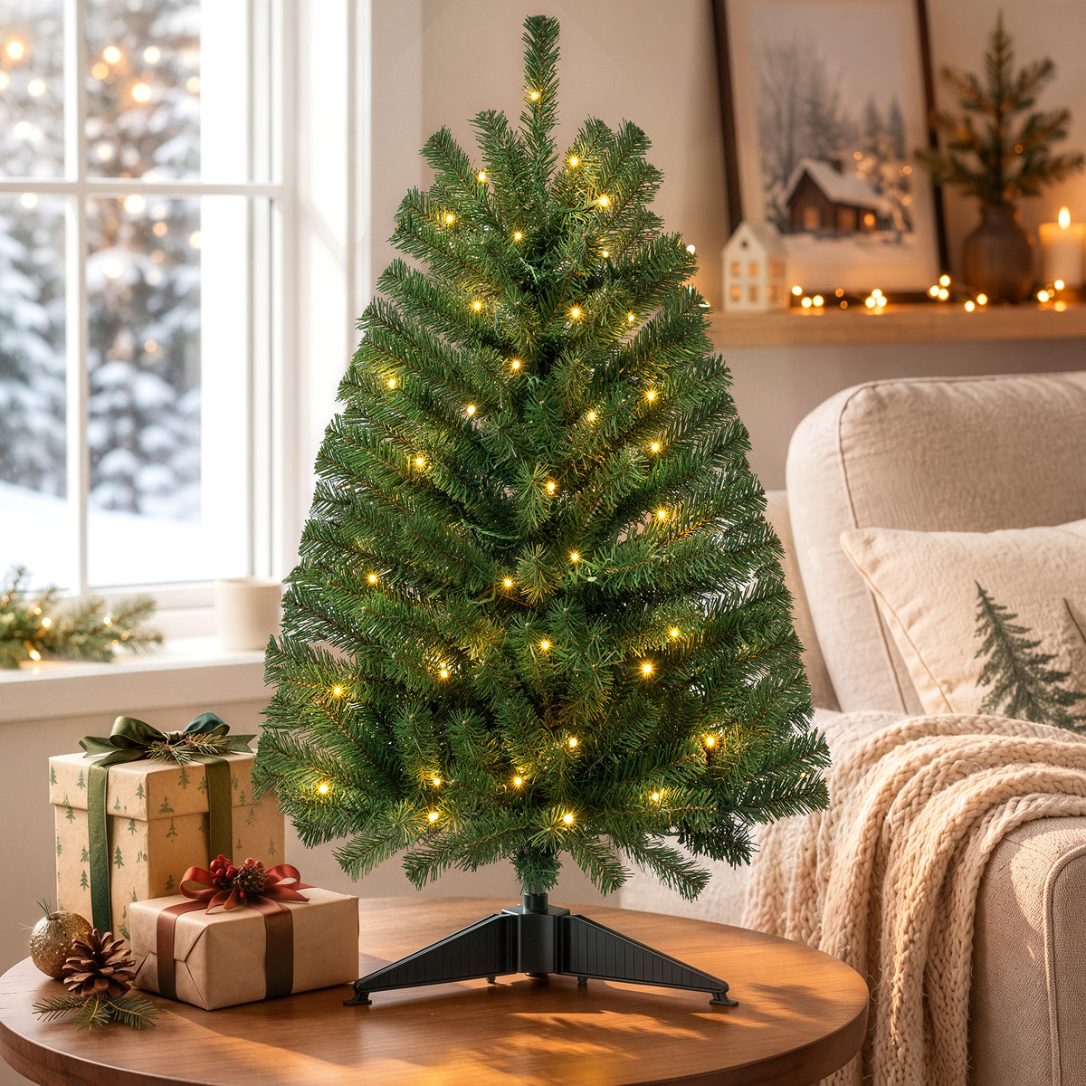 3ft Pre-Lit Christmas Tree with Warm White LED Lights, Small Green Xmas Tree for Indoor Living Room, Bedroom Holiday Decor