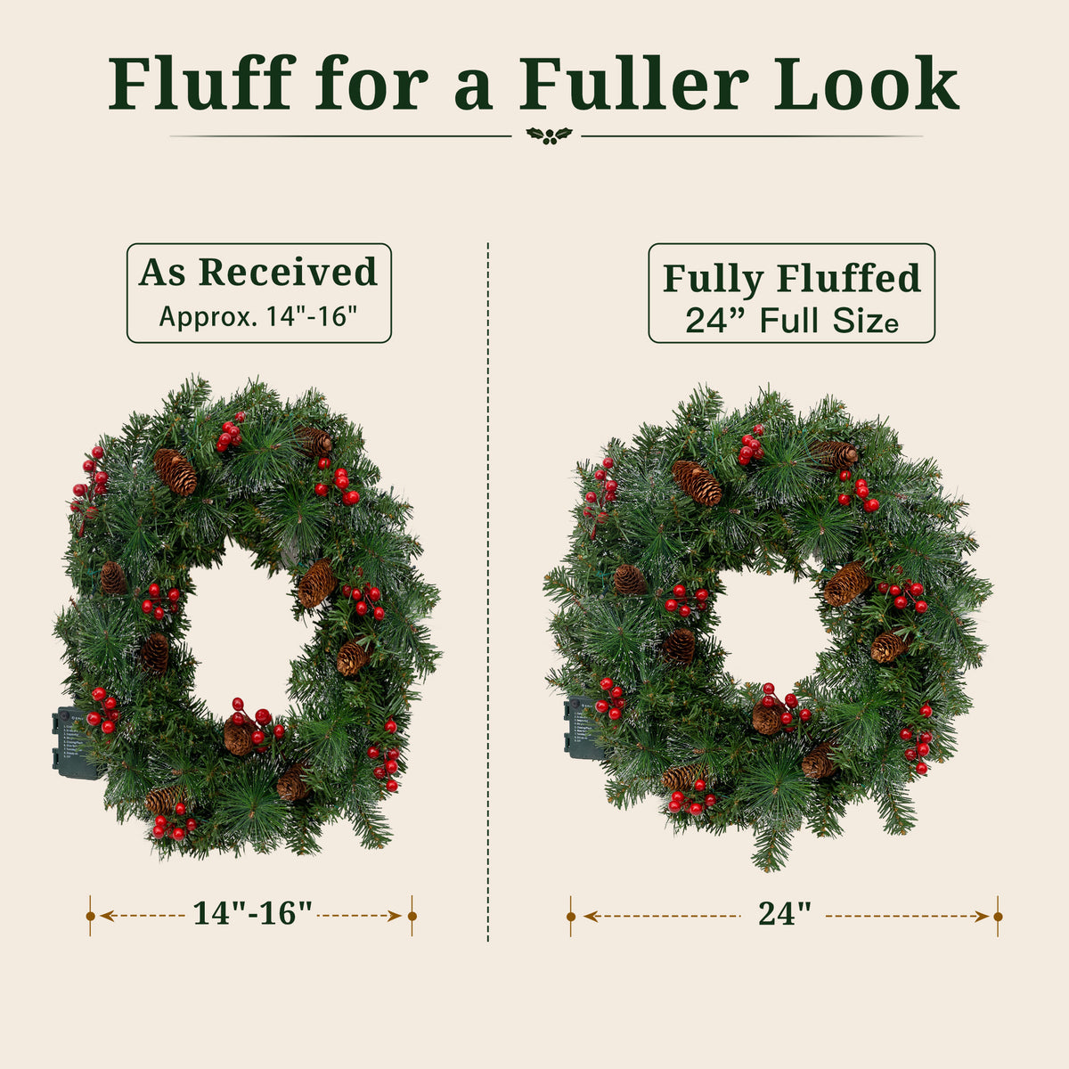 24" Pre-Lit Christmas Wreaths for Front Door, Christmas Needles,Red Berries, Pine Cones, Outdoor Lighted Christmas Wreath for Window Fireplace Indoor Outdoor Decor, Green