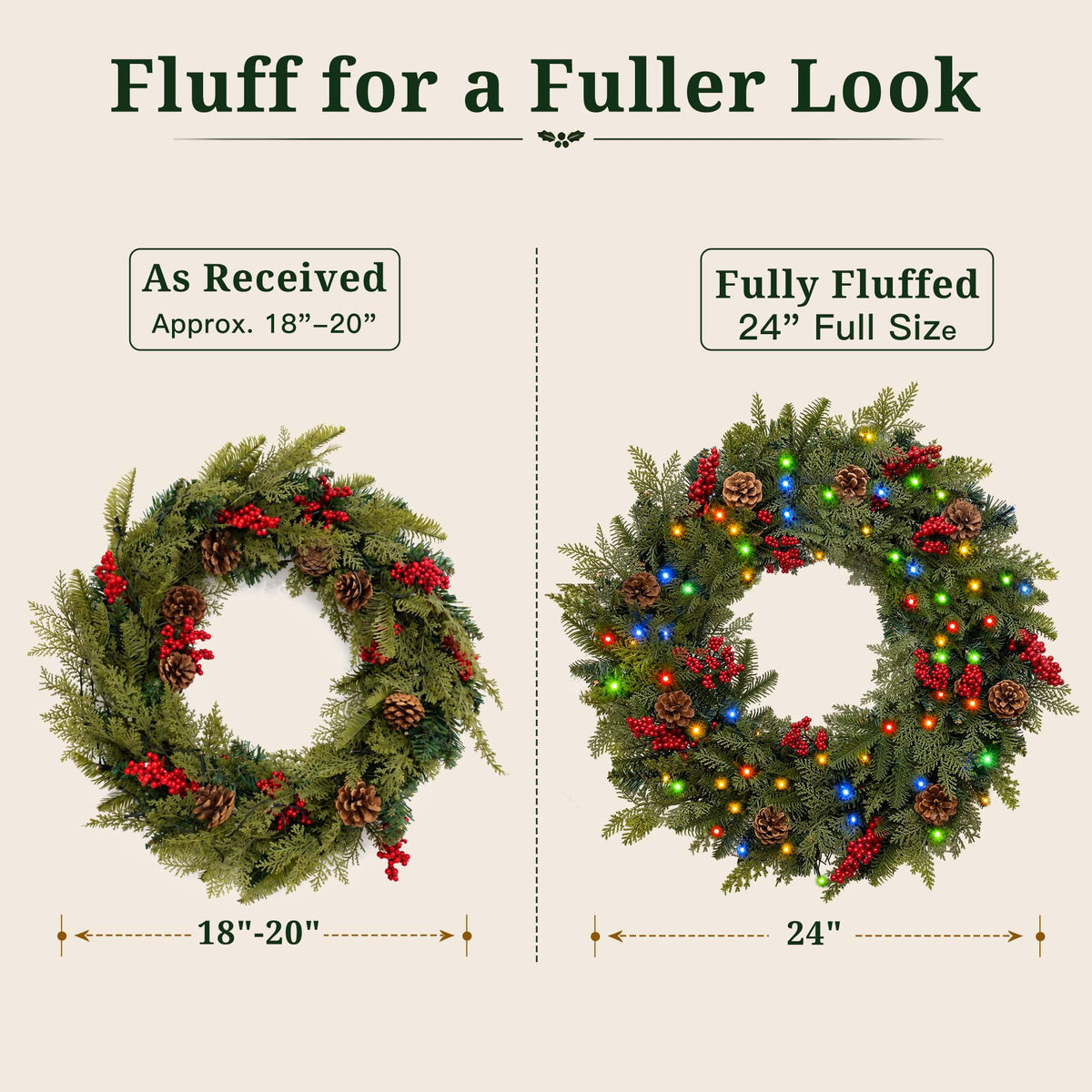 24 in Pre-Lit Christmas Wreaths for Front Door Window, PE+PVC Lighted Outdoor Wreaths with Timer, Battery Operated, Remote
