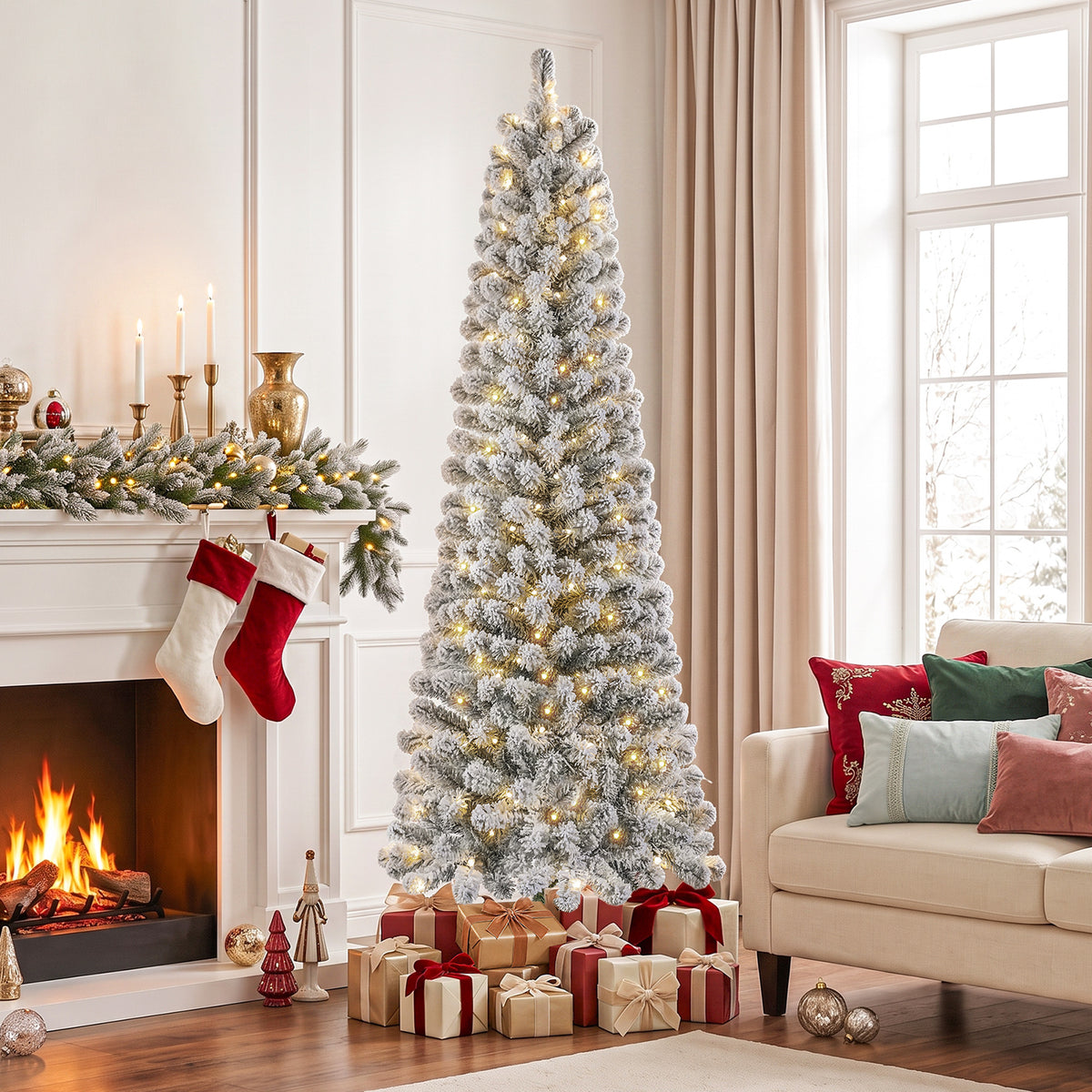 Goosiay 6ft Snow Flocked Pencil Christmas Tree, Pre-Lit Artificial Christmas Tree with 500 Tips, 250 Warm White & Multicolor Lights, 10 Modes, Slim Xmas Tree with Stand