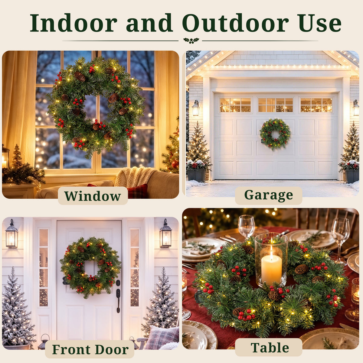 24" Pre-Lit Christmas Wreaths for Front Door, Christmas Needles,Red Berries, Pine Cones, Outdoor Lighted Christmas Wreath for Window Fireplace Indoor Outdoor Decor, Green
