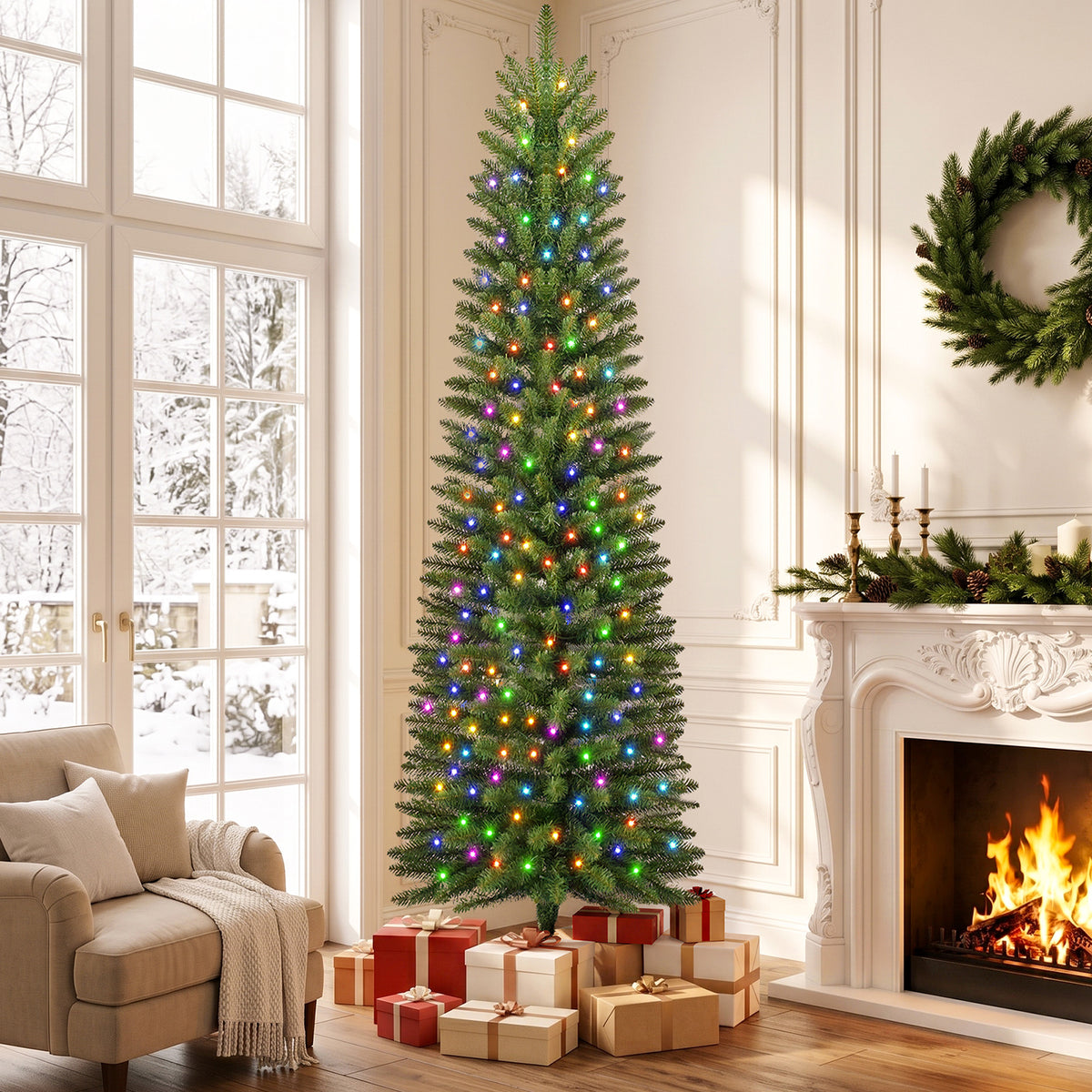 Goosiay Pre-Lit Pencil Artificial Christmas Tree, 7ft Xmas Tree with Metal Stand for Christmas Decoration, Green