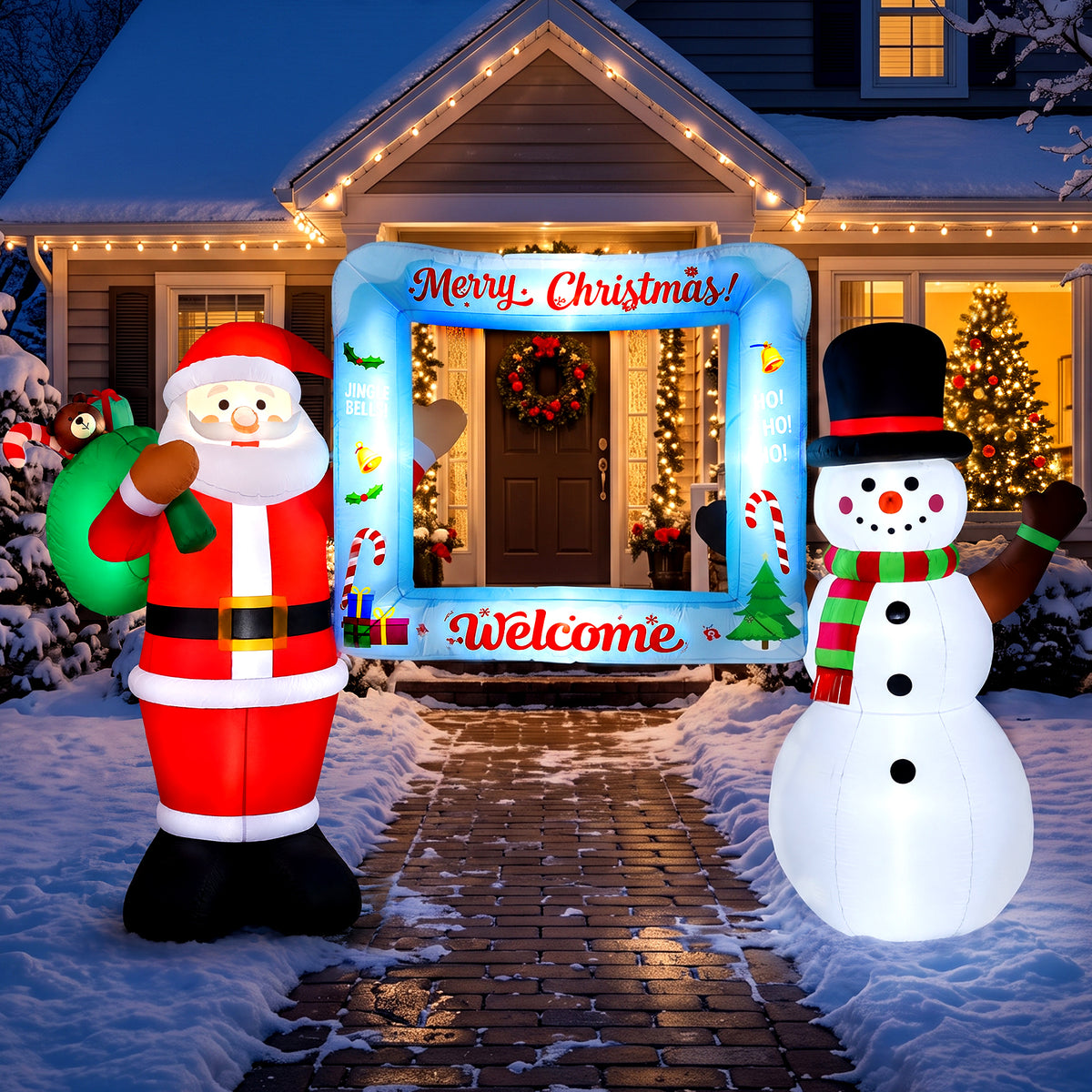 10FT Christmas Inflatable, Blow up Christmas Outdoor Decoration Selfie Picture Frame with Santa & Snowman, Pre-Lit Holiday Welcome Photo Booth Prop for Yard Family Party