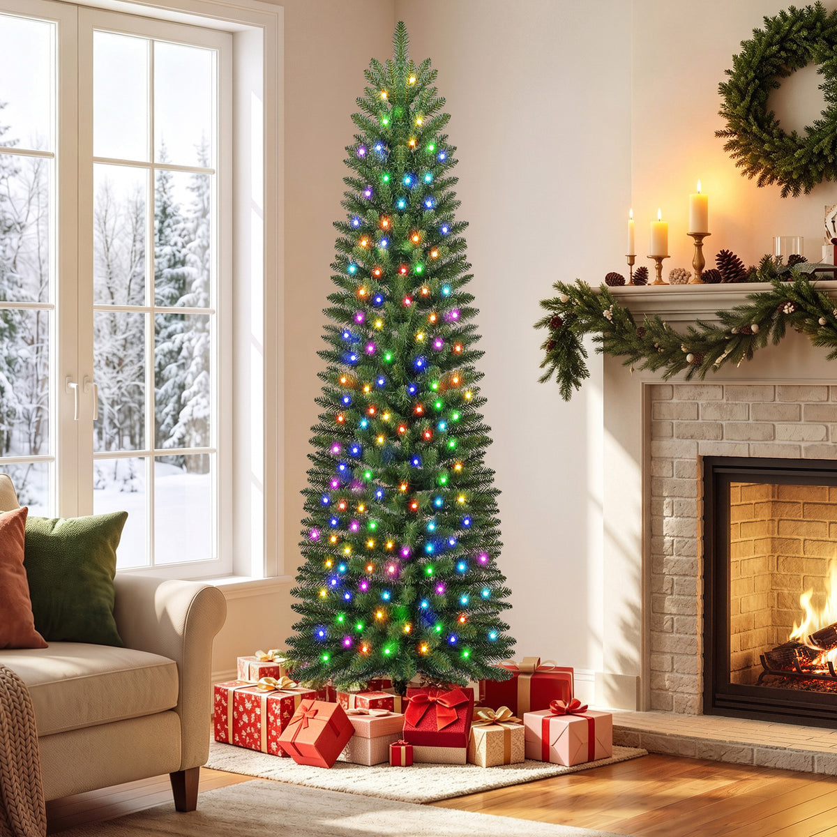 Goosiay Pre-Lit Pencil Artificial Christmas Tree, 6ft Xmas Tree with Metal Stand for Christmas Decoration, Green
