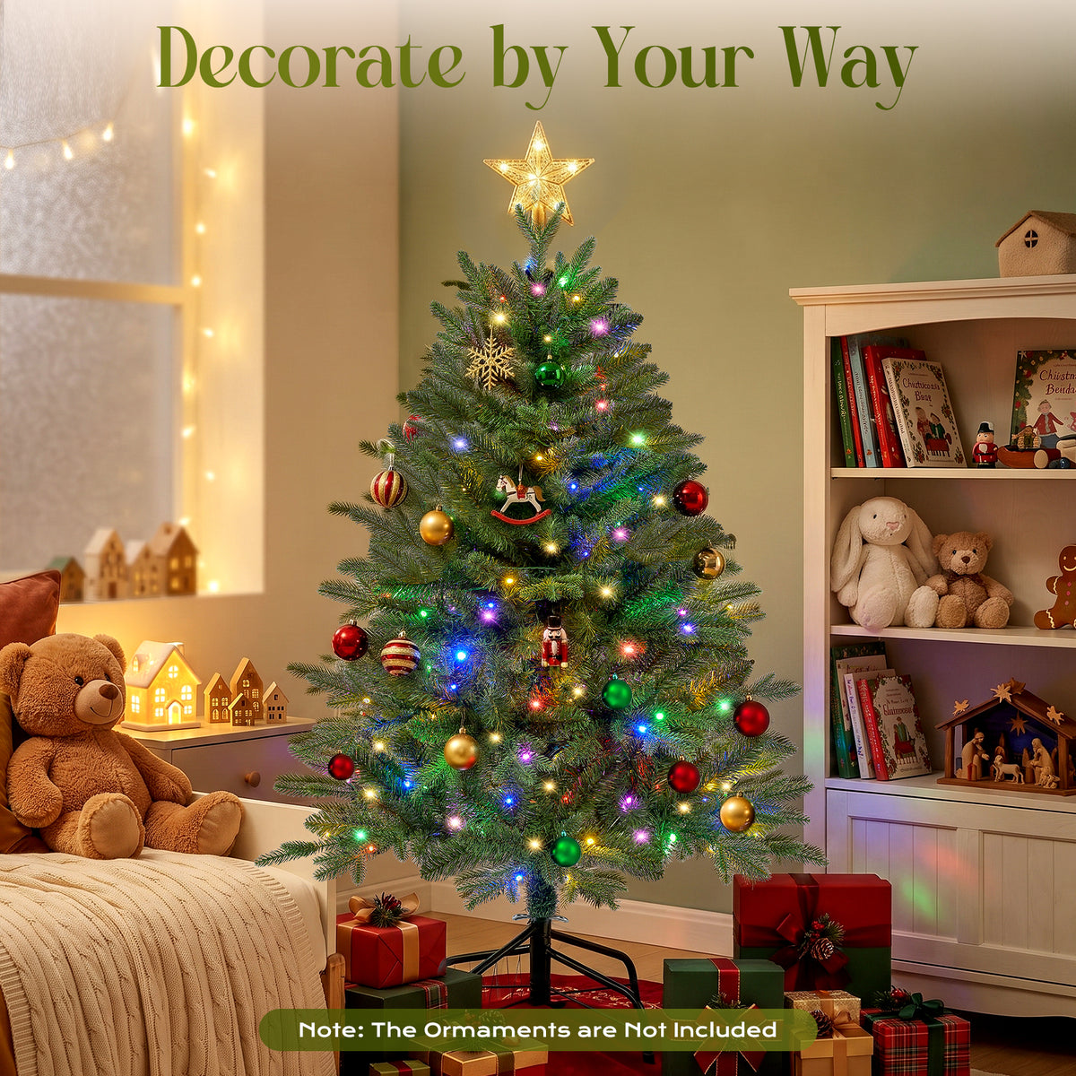 Christmas Tree, 4ft Pre-Lit Christmas Tree with 100 Warm White & Multicolor LED Lights, 465 PE & PVC Tips, Hinged Artificial Pine Tree for Small Spaces, Bedroom, Office, Entryway
