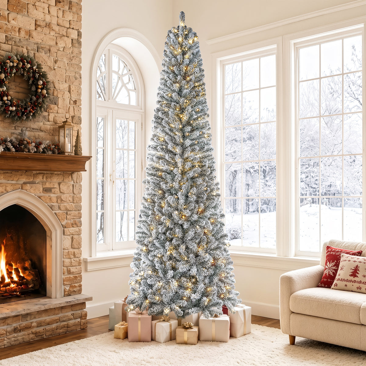 9ft Snow Flocked Pencil Christmas Tree, Pre-Lit Artificial Christmas Tree with 1250 Tips, 400 Warm White & Multicolor Lights, 10 Modes, Tall Slim Xmas Tree with Stand