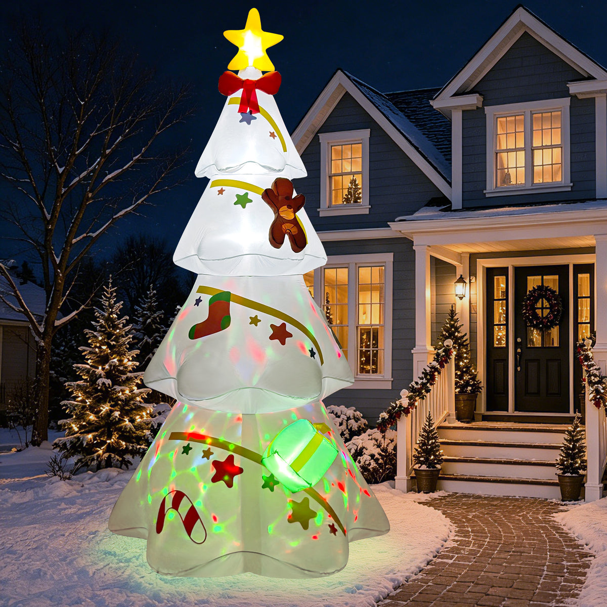 Goosiay 9 ft White Christmas Inflatable Tree with LED & Multicolor Lights, Outdoor Christmas Yard Decoration for Lawn, Garden and Porch