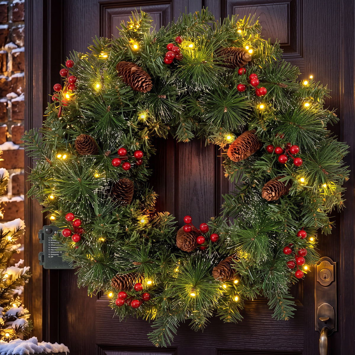 24" Pre-Lit Christmas Wreaths for Front Door, Christmas Needles,Red Berries, Pine Cones, Outdoor Lighted Christmas Wreath for Window Fireplace Indoor Outdoor Decor, Green
