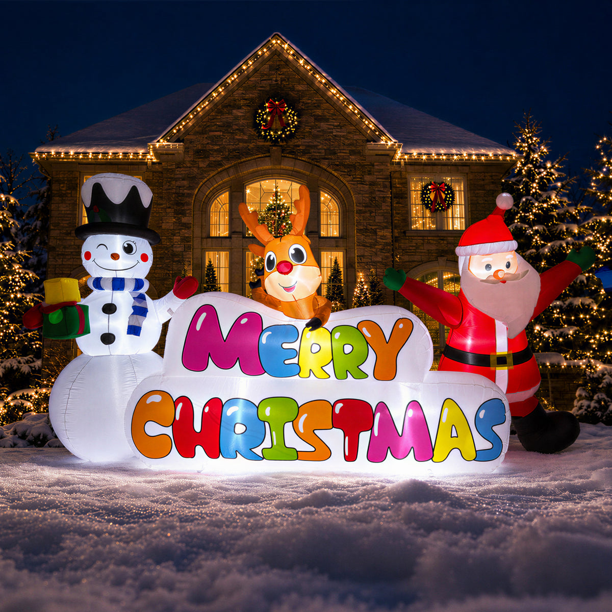 Goosiay 10FT Long Christmas Inflatable with Santa,Snowman and Reindeer,Giant Xmas Blow Up with Lighted Merry Christmas Sign for Outdoor Yard,Lawn,Garden Decor