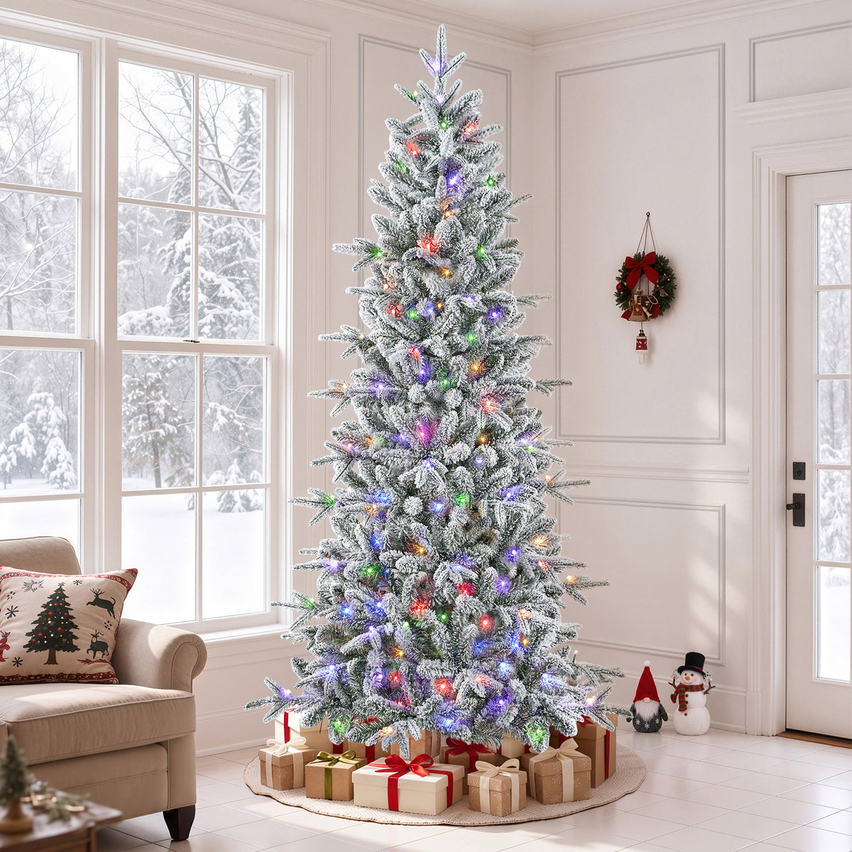 7 ft Pre-Lit Snow Flocked Slim Aspen Fir Artificial Christmas Tree, 1200 PE & PVC Tips, 300 Warm White & Multicolor LED Lights