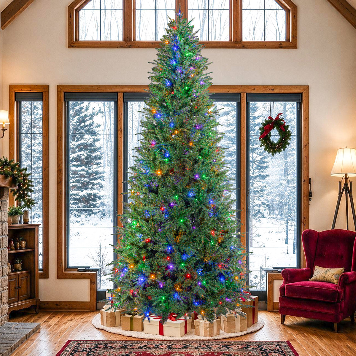 9ft Pre-Lit Artificial Christmas Tree, Aspen Fir Style with 2800 PE & PVC Mixed Branch Tips, Tall Realistic Evergreen Tree with 400 Warm White & Multicolor LED Lights, 10 Lighting Modes