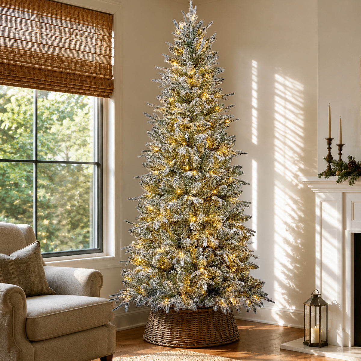 Goosiay 7 ft Pre-Lit Frosted Slim Aspen Fir Christmas Tree, PE & PVC Branches, 260 Warm White & Multicolor Lights, 10 Light Modes, 1179 Branch Tips