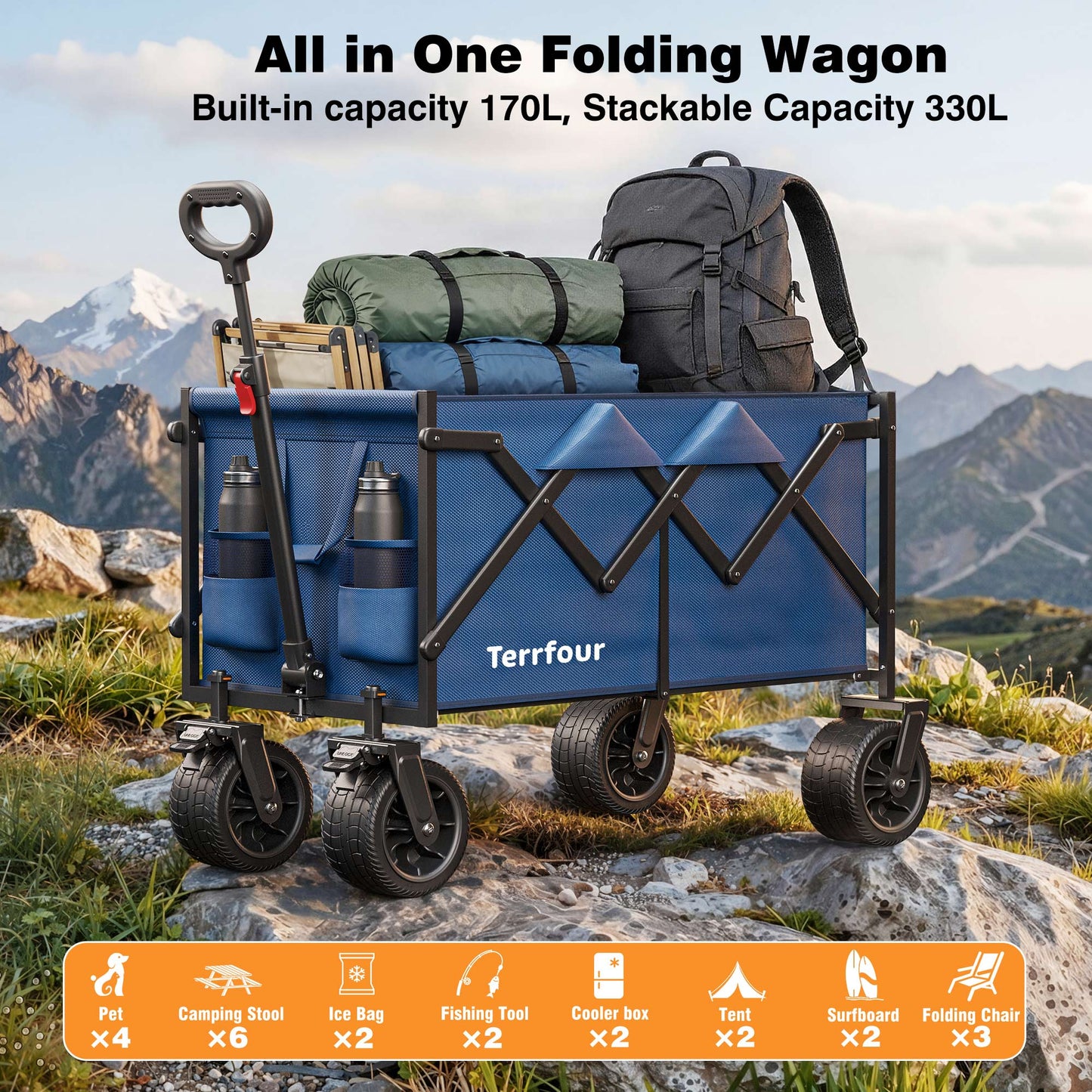 Terrfour Collapsible Wagon Cart with Tank Wheels, 580LBS Heavy Duty Folding Beach Wagon for Camping Garden Sports Shopping, Navy Blue