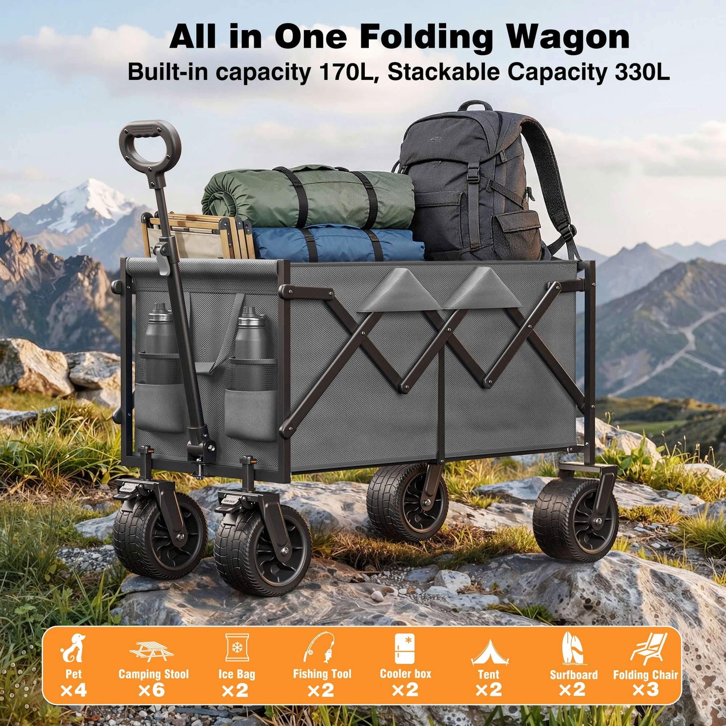 580lbs Portable Foldable Wagon Cart, Collapsible Utility Heavy Duty Wagons Carts for Grocery Sports Garden Shopping Camping,Gray