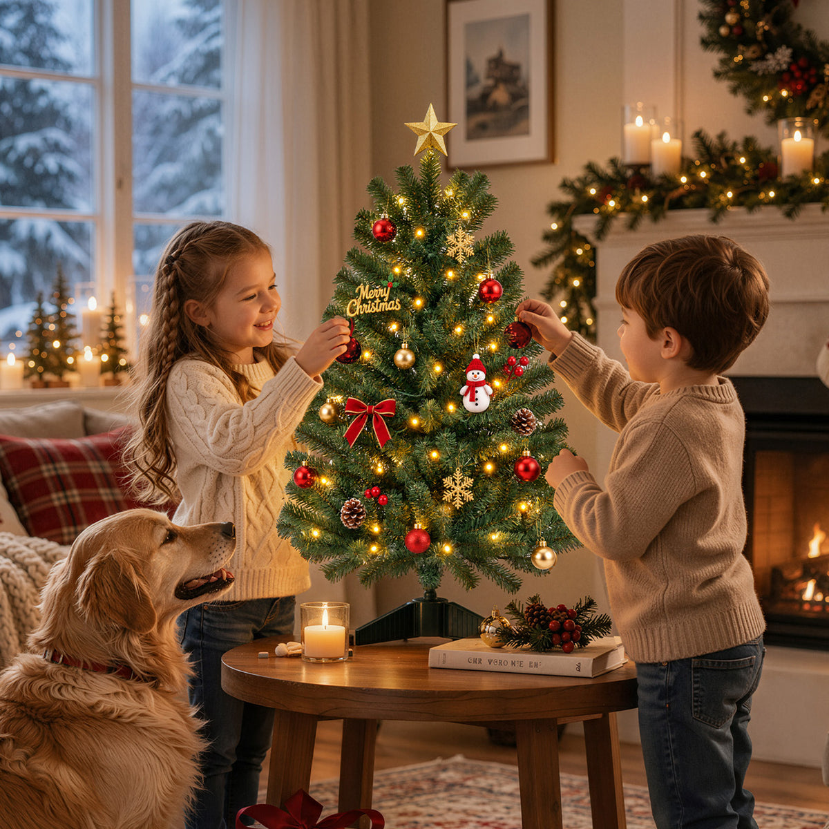 3ft Pre-Lit Christmas Tree with Warm White LED Lights, Small Green Xmas Tree for Indoor Living Room, Bedroom Holiday Decor