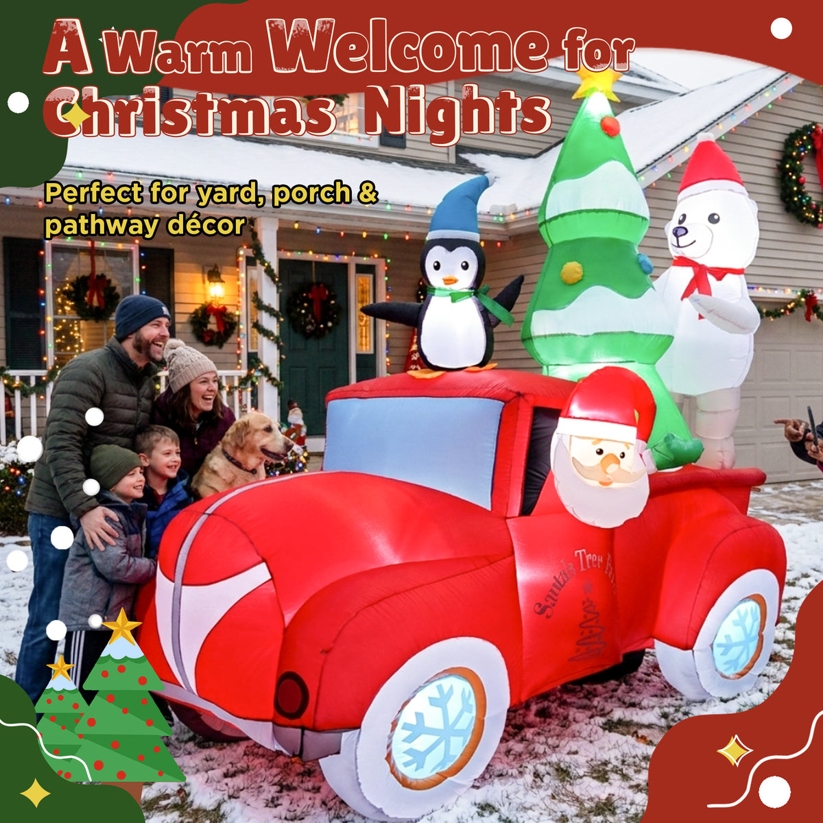 Goosiay 8 ft Outdoor Christmas Inflatable with Santa, Penguin, Polar Bear and Red Car, Built-in LED Lights for Yard, Lawn and Garden