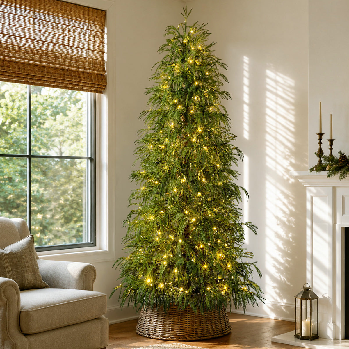 Goosiay 7 ft Pre-Lit Norfolk Pine Christmas Tree, PE Slim Artificial Tree with 300 Warm White & Multicolor 10-Function Lights, 6718 Branch Tips,Green