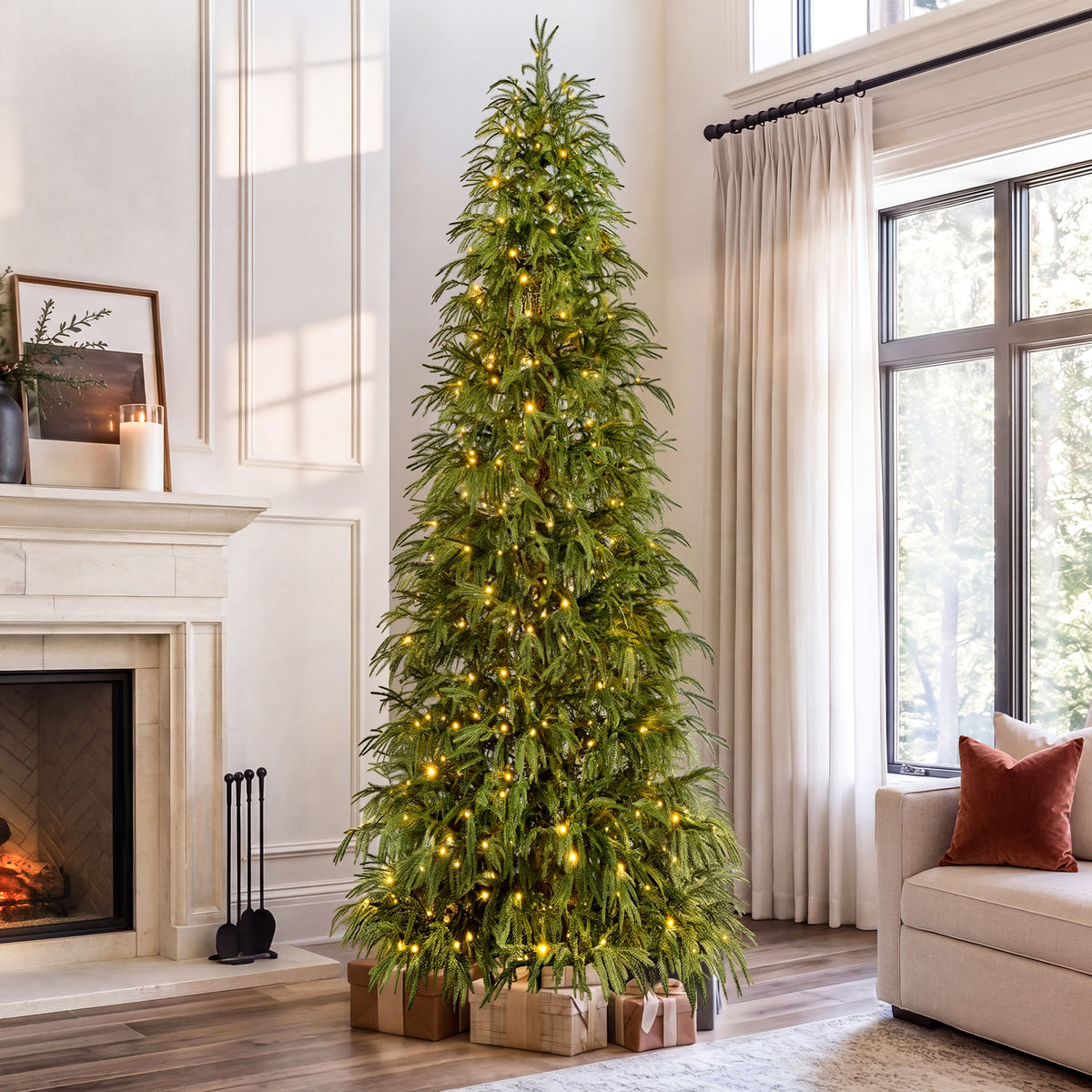 Goosiay 9 ft Pre-Lit Norfolk Pine Christmas Tree, PE Slim Artificial Tree with 480 Warm White & Multicolor 10-Function Lights, 8488 Branch Tips, Green