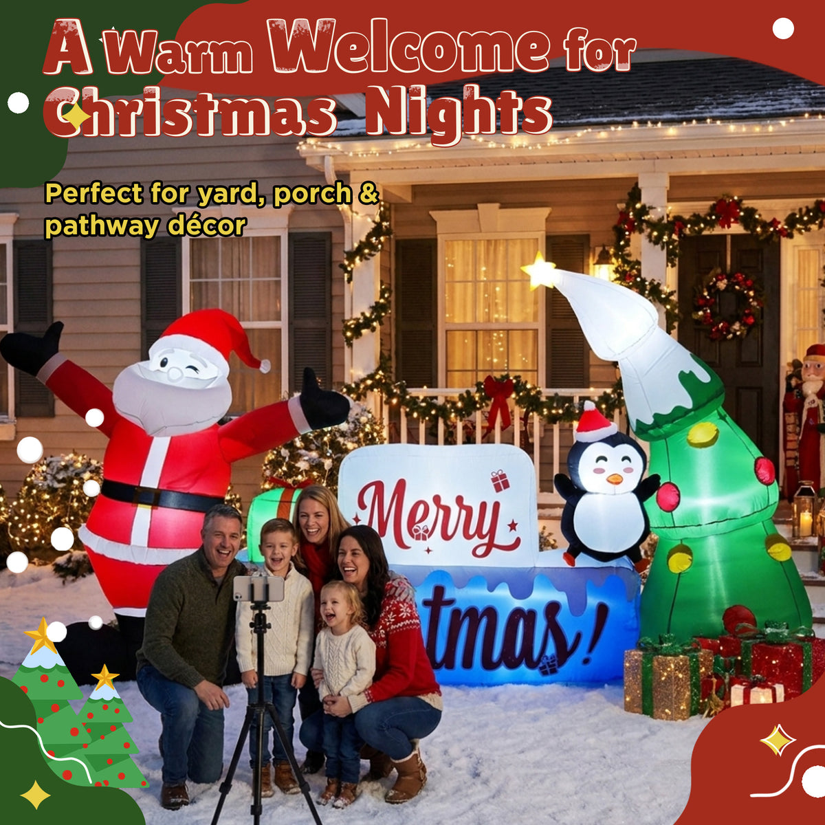 Goosiay 12 ft Christmas Inflatable Outdoor Decoration with Santa Claus, Penguin, Holiday Tree & Merry Christmas Sign, 10 LED Lights for Yard