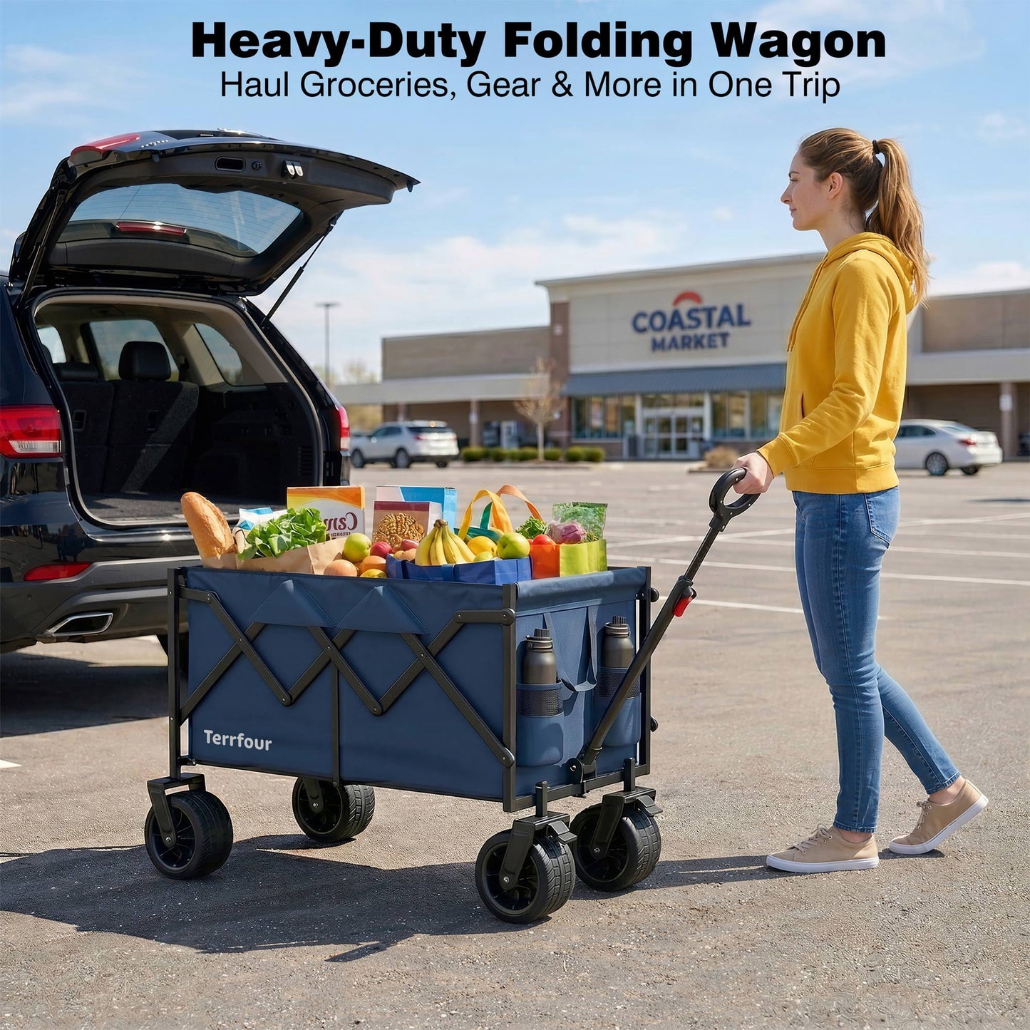 Goosiay Heavy Duty Collapsible Wagon Cart with Tank Wheels, 580lbs Folding Utility Wagon with Flexible Handle for Camping, Garden, Sports, Grocery & Shopping, Navy Blue