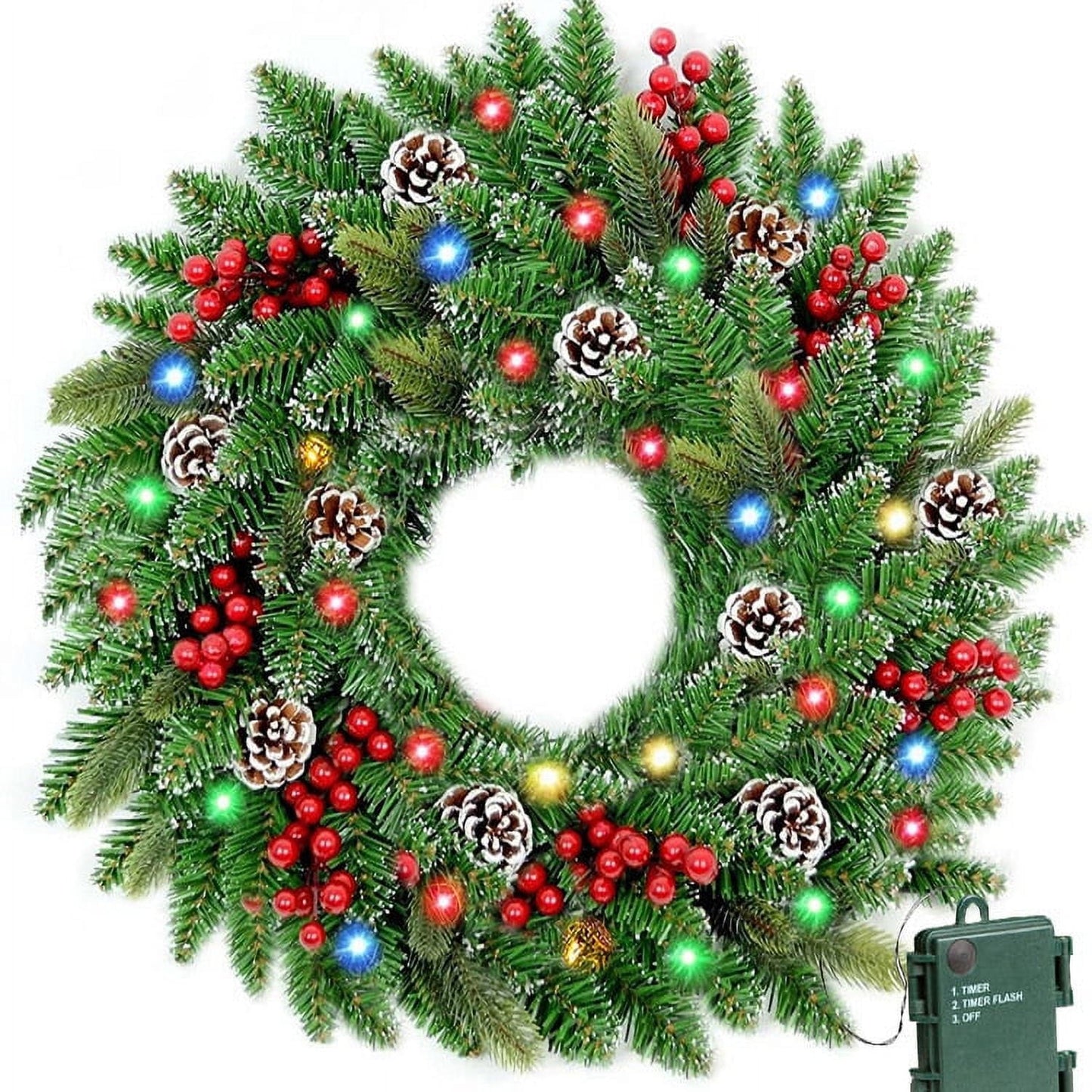 24" Pre-Lit Christmas Wreaths, Outdoor Lighted Christmas Wreath for Front Door, Christmas Red Berries, Pine Cones Wreath, Xmas Wreath Decor for Window Fireplace Indoor, Green